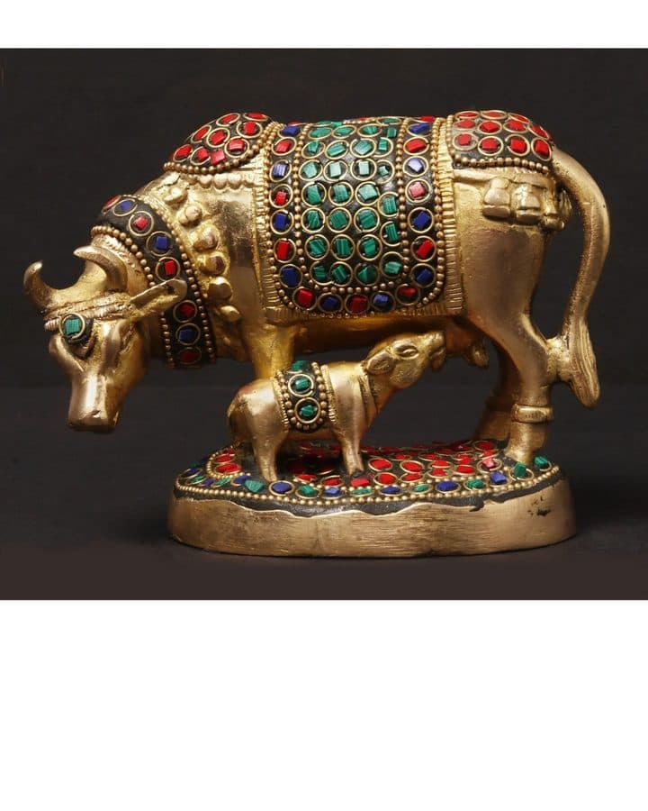 Standing Cow & Calf Statue | Brass Idol with Colorful Inlay Artwork