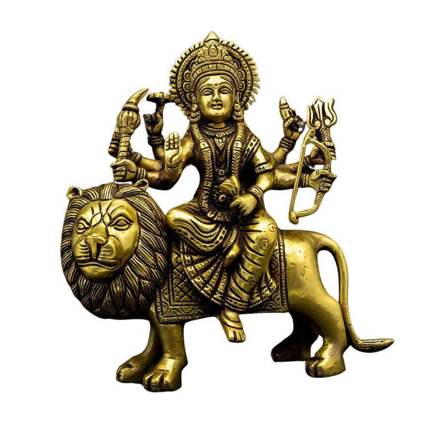 Brass Durga Statue on Lion Holding Trident Kamakhya Mata