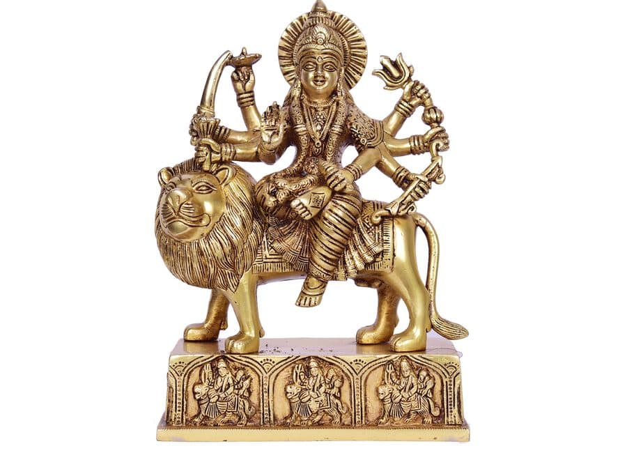 Brass Durga Statue on Lion Holding Trident