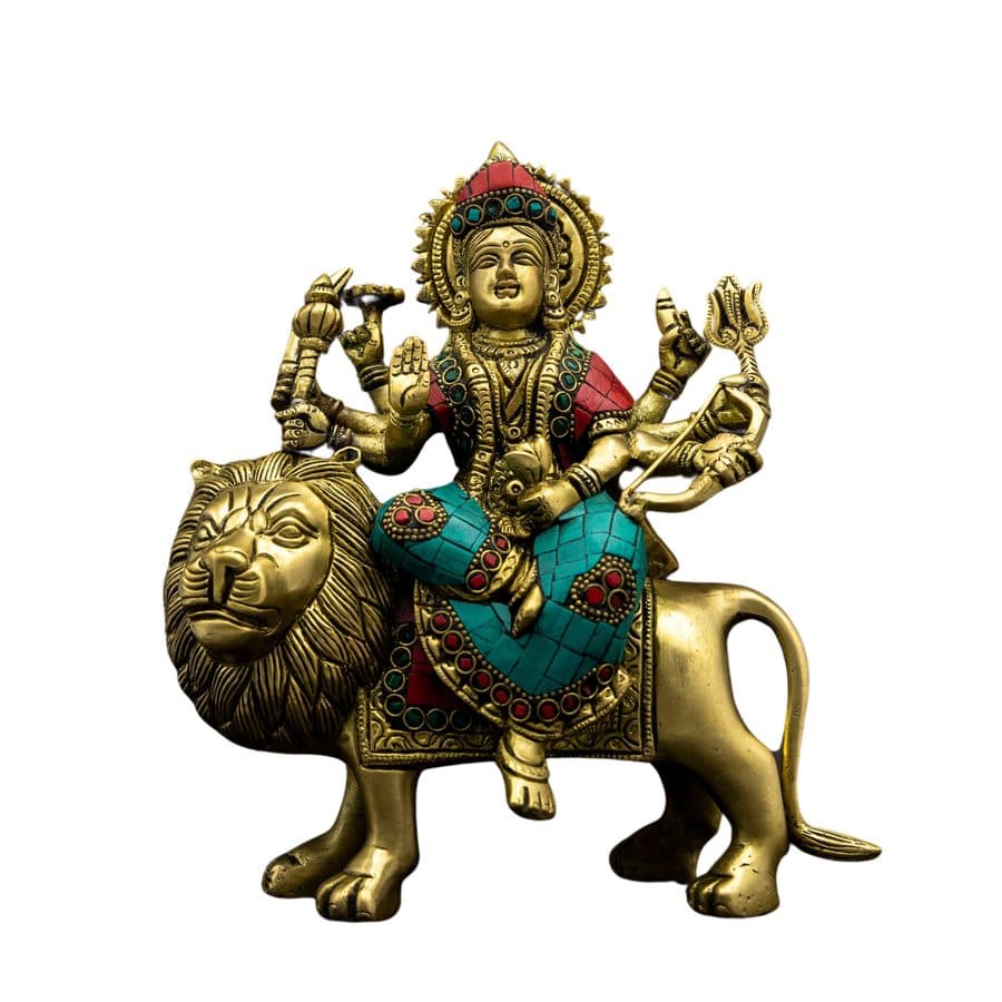 Brass Durga Statue on Lion Holding Trident