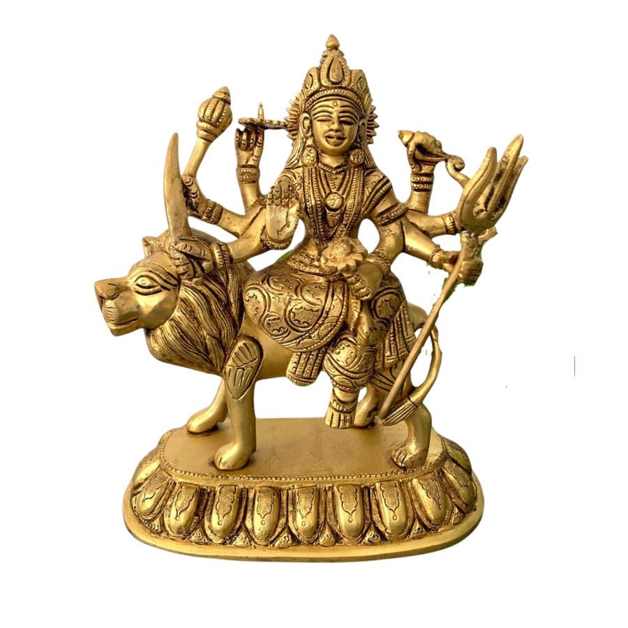 Brass Durga Statue on Lion Holding Trident
