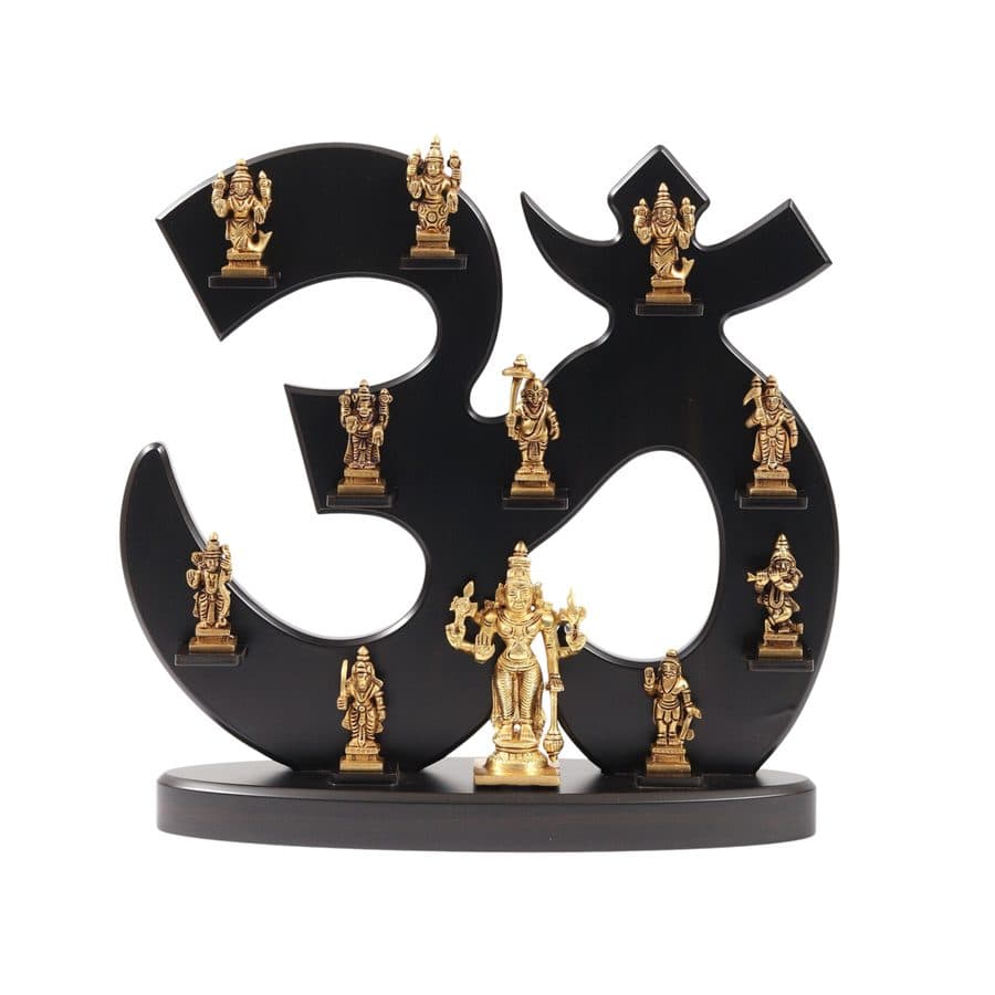 Brass Dashavatara Statue Set with Om Shape Wooden Frame