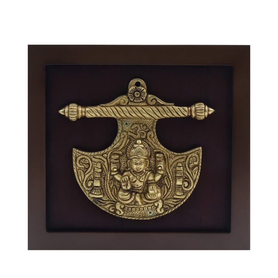 Fan Shape Sitting Goddess Lakshmi | Wood and Brass Wall Hanging Frame