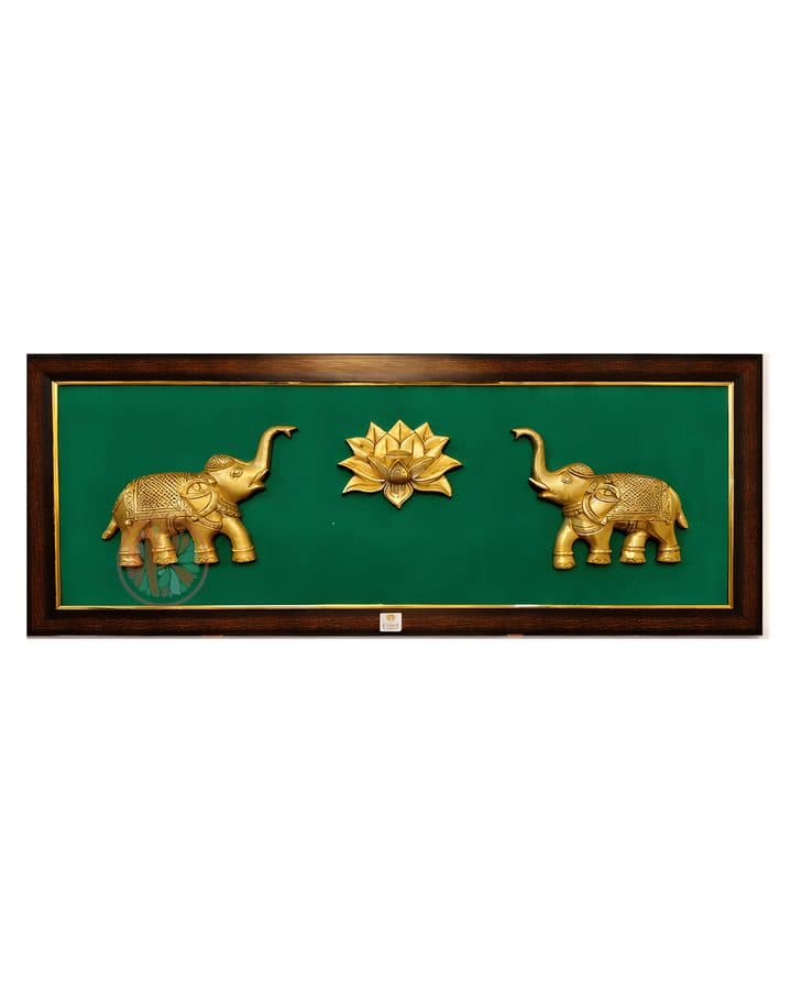 Brass Elephant with Lotus Wall Hanging Frame â 36x16 Inch | Handcrafted Brass Decorative Art on Wooden Frame