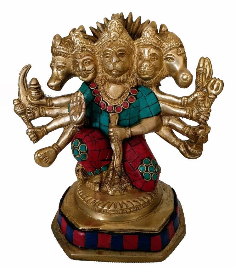 Five Face Lord Hanuman Sculpture in brass metal with stone work
