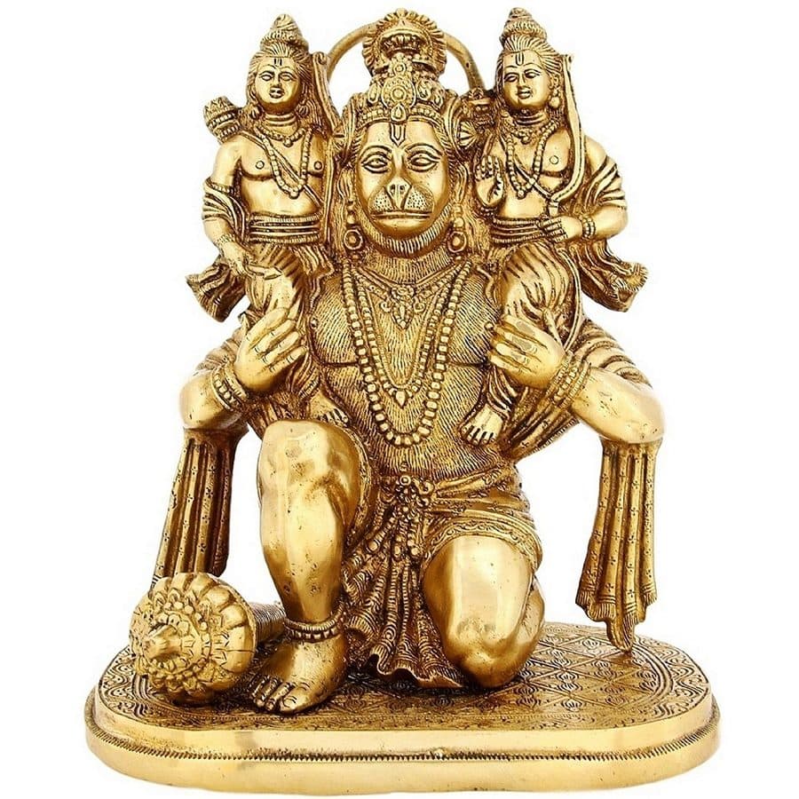 Sitting lord hanuman ji brass statue with lord Ram and Laxman