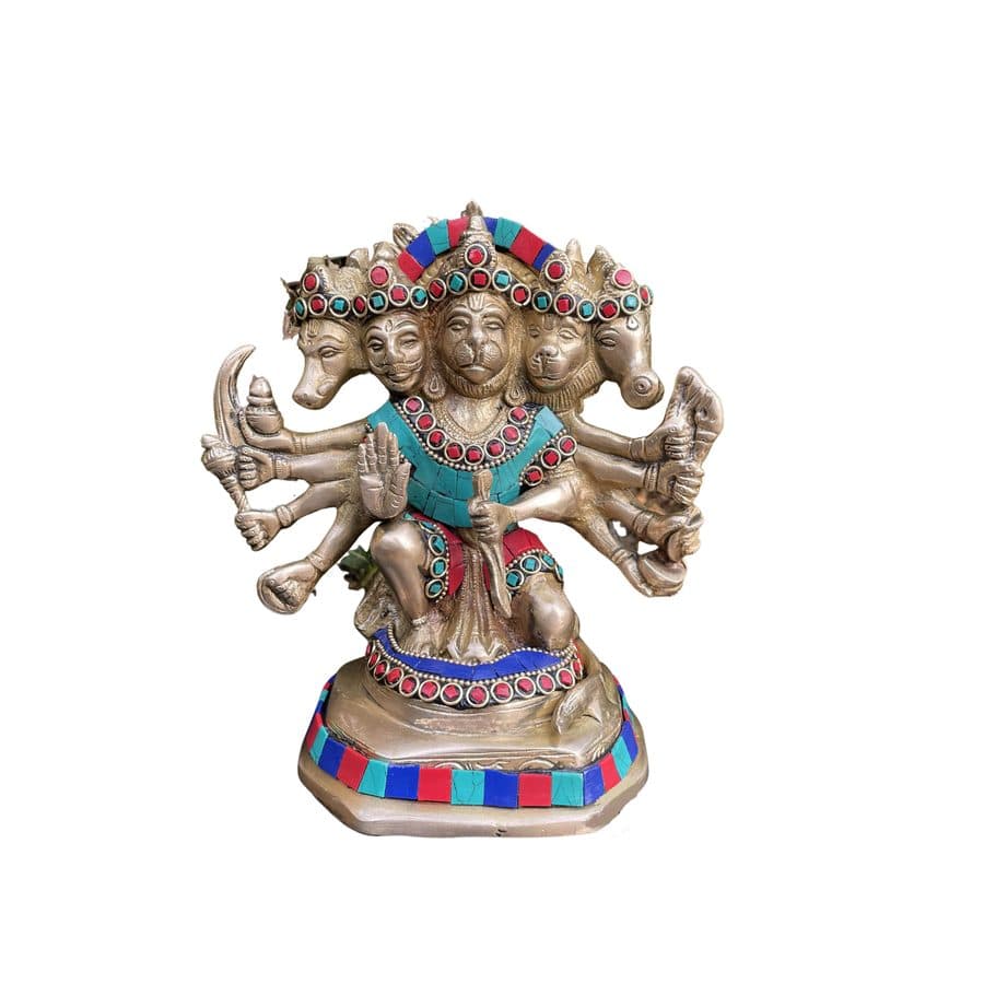 Panch Mukhi Hanuman Statue with stone work, Celibacy, Lord Five face Hanuman Idol, Bajrangbali Handmade brass Ram Bhakt Indian God