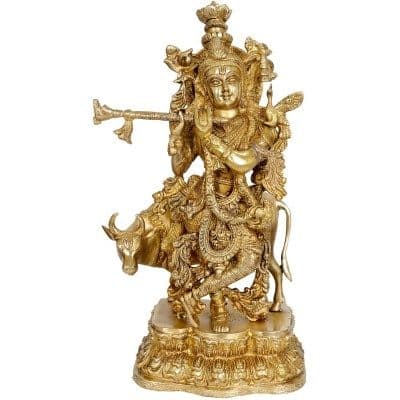 Lord Krishna with cow metal brass statue in antique finish