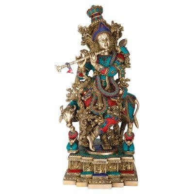 Turquoise work Brass statue of Hinud Lord krishna with cow
