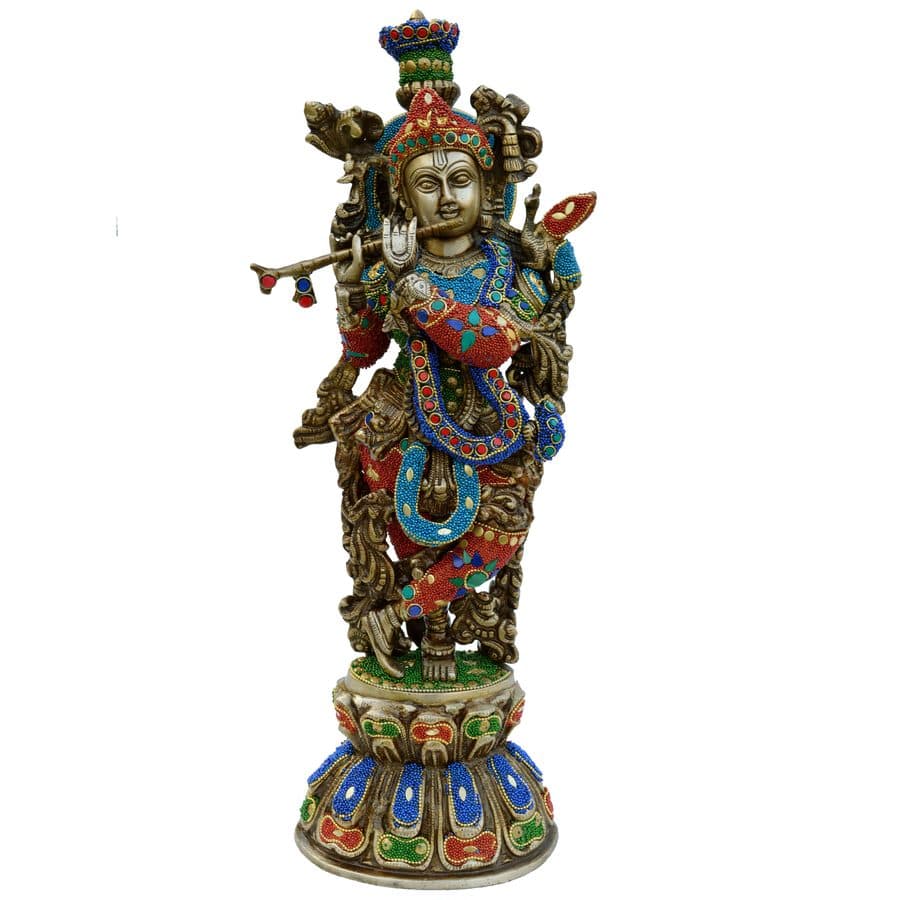 Krishna Statue in Brass with Stonework