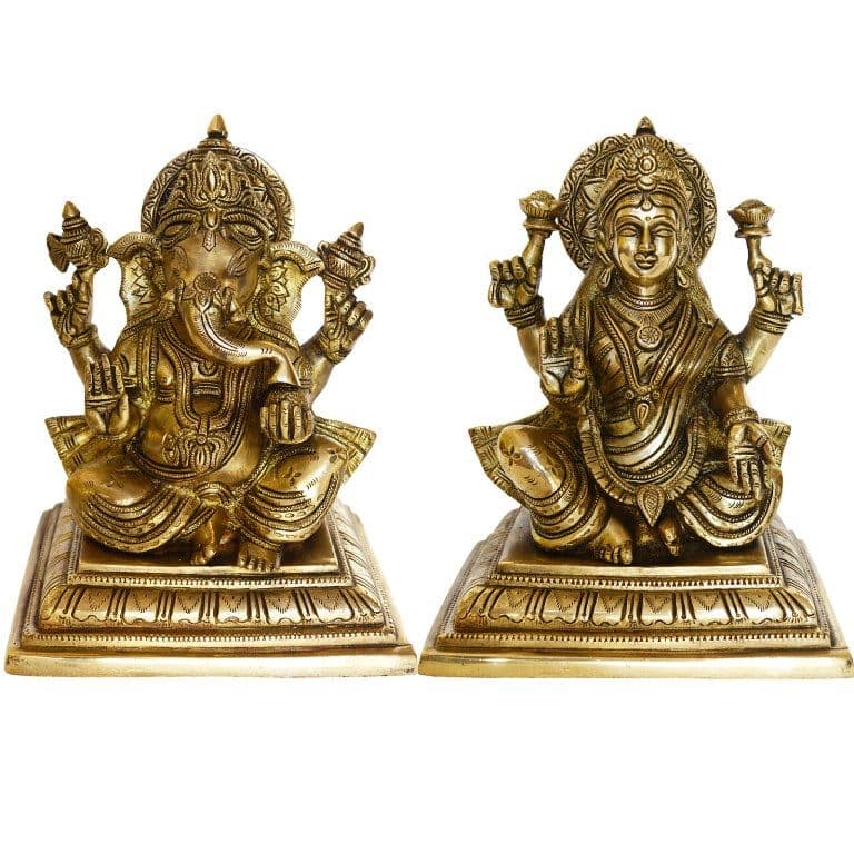 Hindu lord Lakshmi and Ganesha brass statue