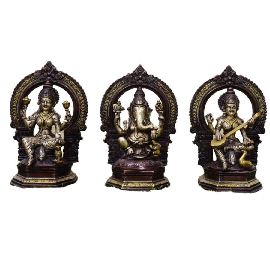Brass laxmi Ganesh Saraswati Statue . Antique color Finish Lakshmi Ganesh Saraswati