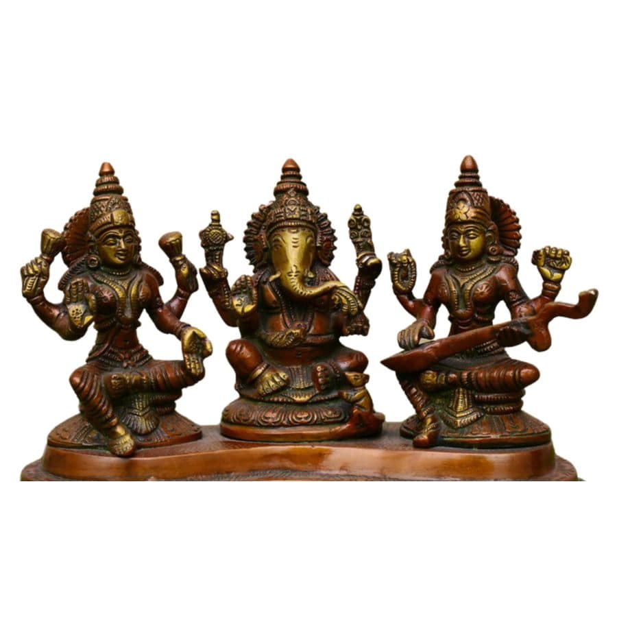 Brass laxmi Ganesh Sarswati Statue- Antique Finish Lakshmi Ganesh Saraswati