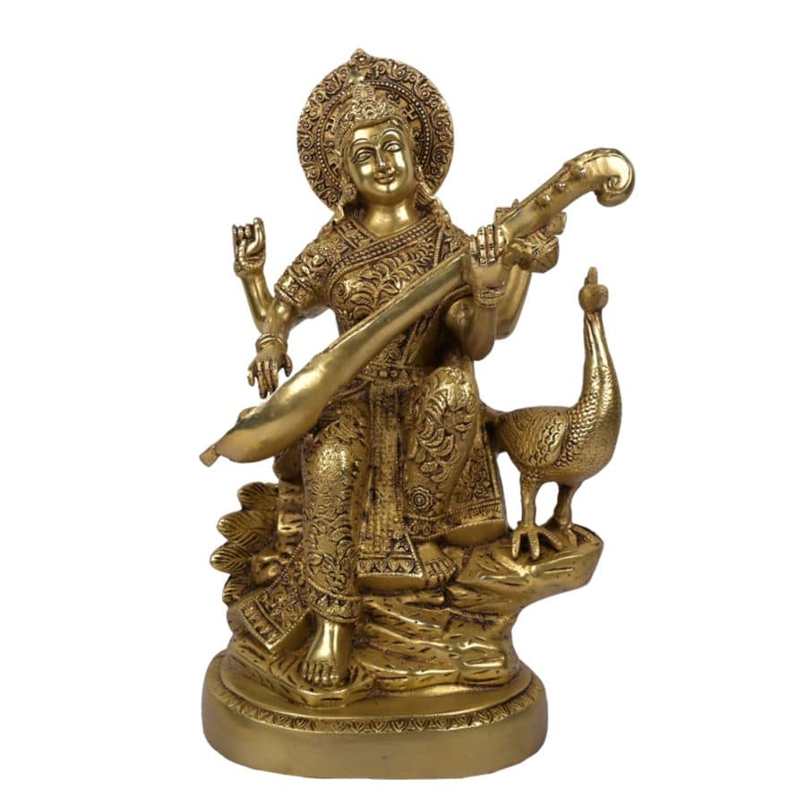 Lord Saraswati Sitting On Hans Brass Statue