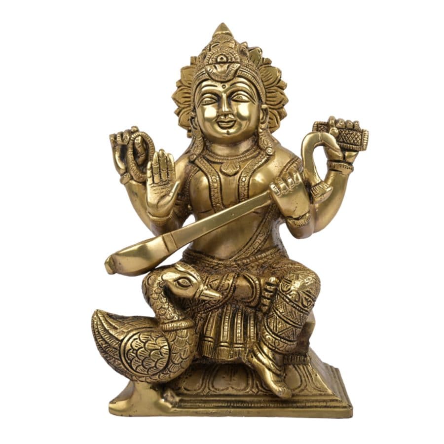 Lord Saraswati Sitting on Hans Holding Veena in Hand Brass Statue