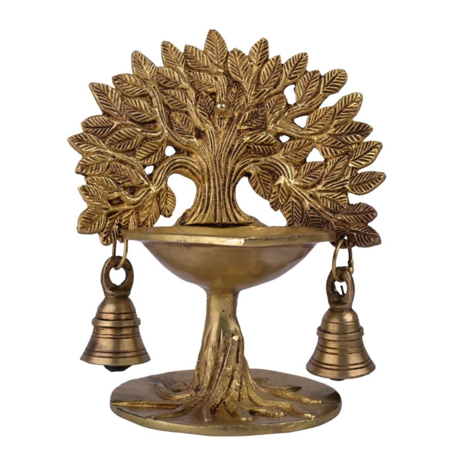 Pooja Diya Tree Design with 2 Bell In Brass Metal