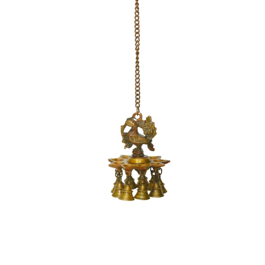Brass Peacock Hanging Diya with Bells