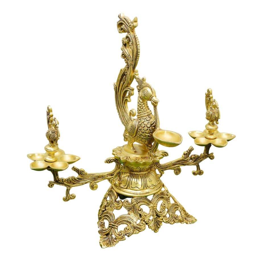Peacock Design 5 Oil set Wick Brass Table Diya