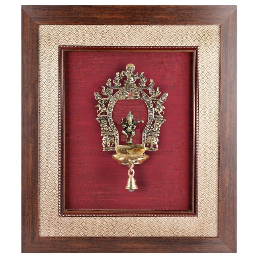 Brass Dancing Ganesha with Lamp â Wall Hanging Frame