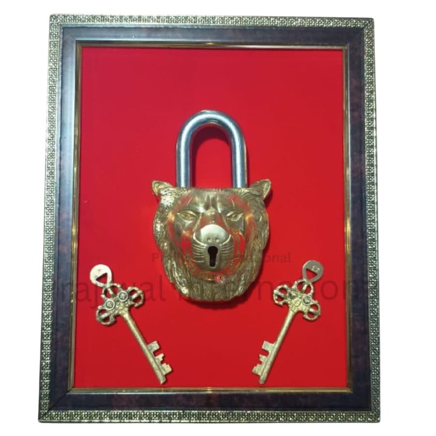Brass Lion Lock with Keys â Indian Animal Padlock in Wall Hanging Frame