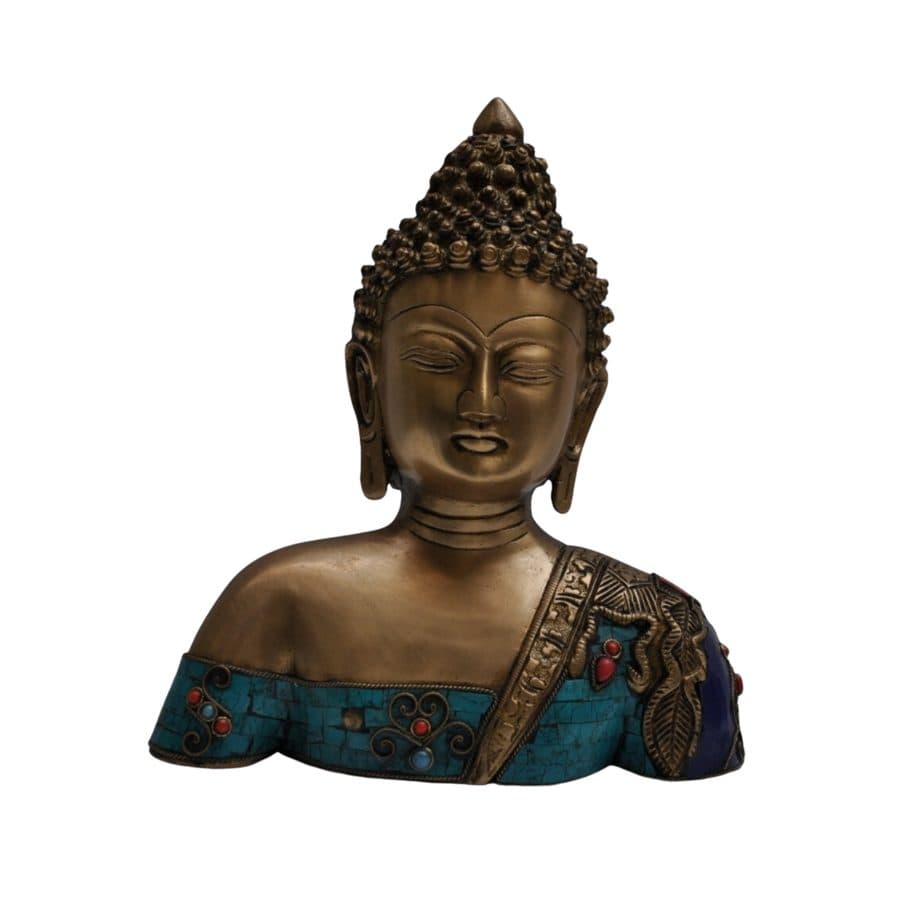 Brass Lord Buddha bust with turquoise stone work