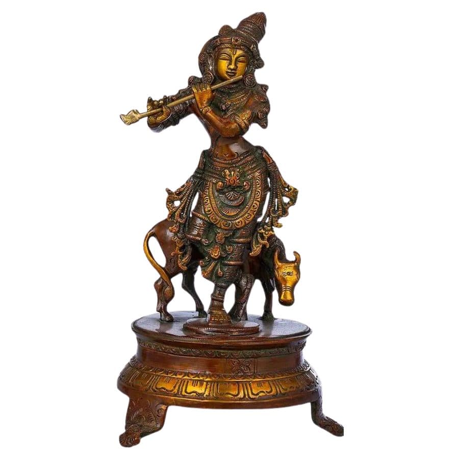 Brass Venugopala Idol (Fluting Krishna with His Cow)