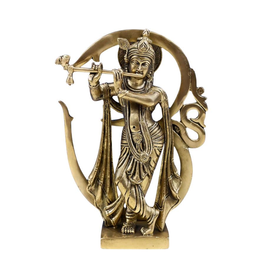 Brass Fluting Lord Krishna, Against The Backdrop Of Om