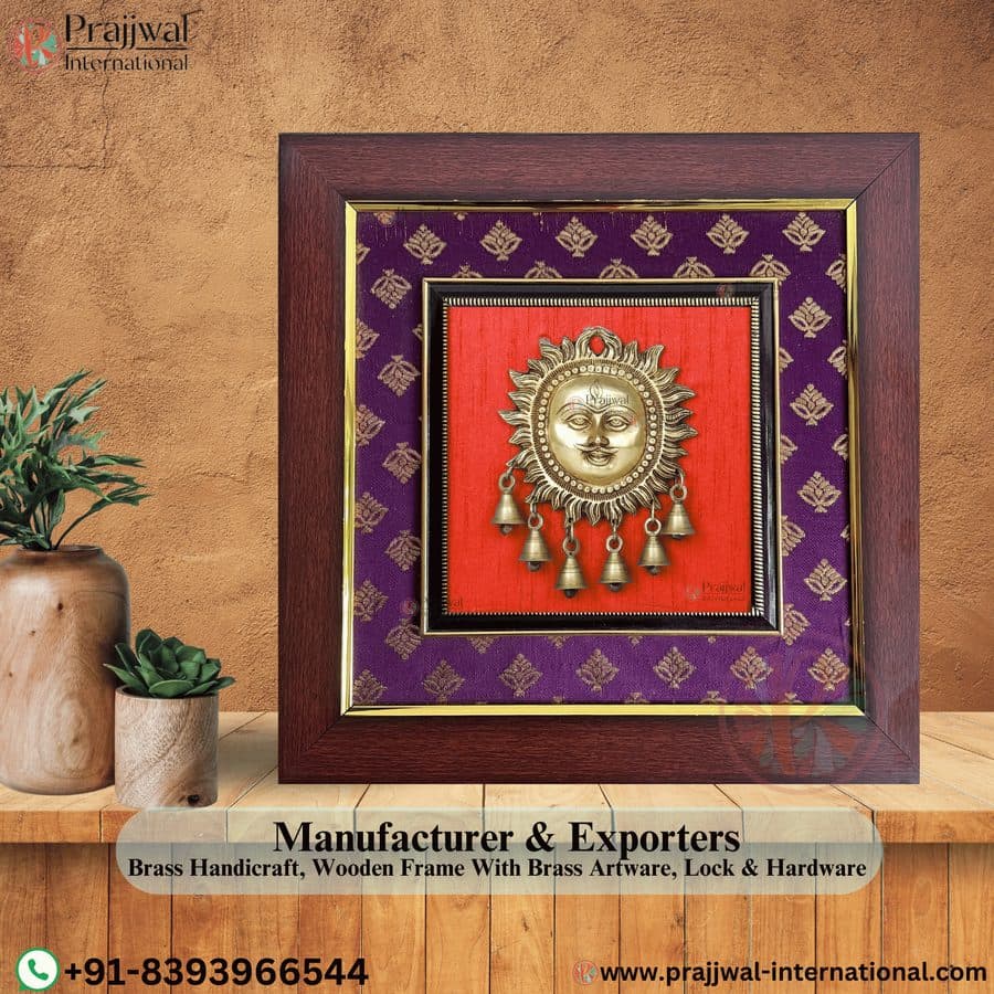 Lord Surya with Dangling Bells in Brass | Golden Black Antique Wall Hanging | Wood Framed Brass Sculpture