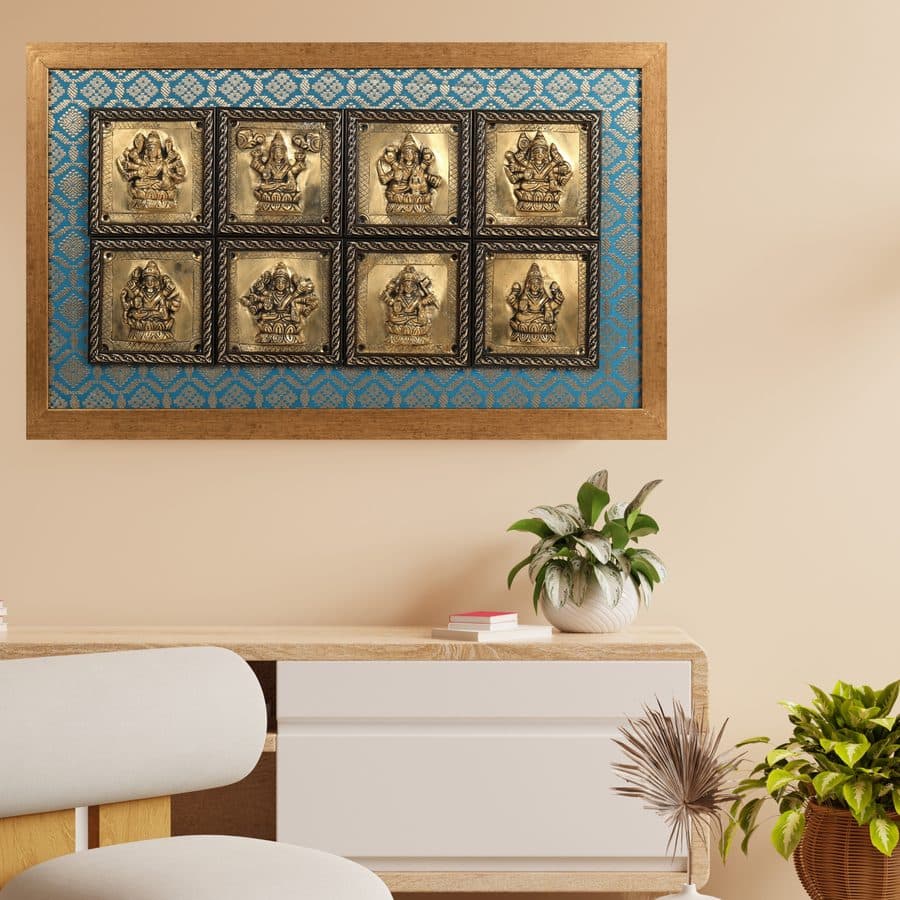 Goddess Ashtalakshmi in Brass | Wooden Wall Hanging Frame