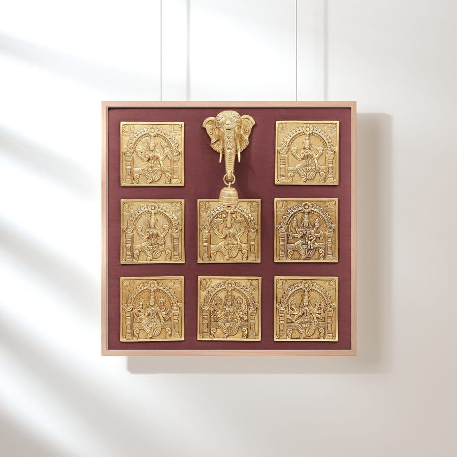 Discrete Ashtalakshmi Panel With Miniscule Ganesha-Head (Framed) In Brass | Handmade
