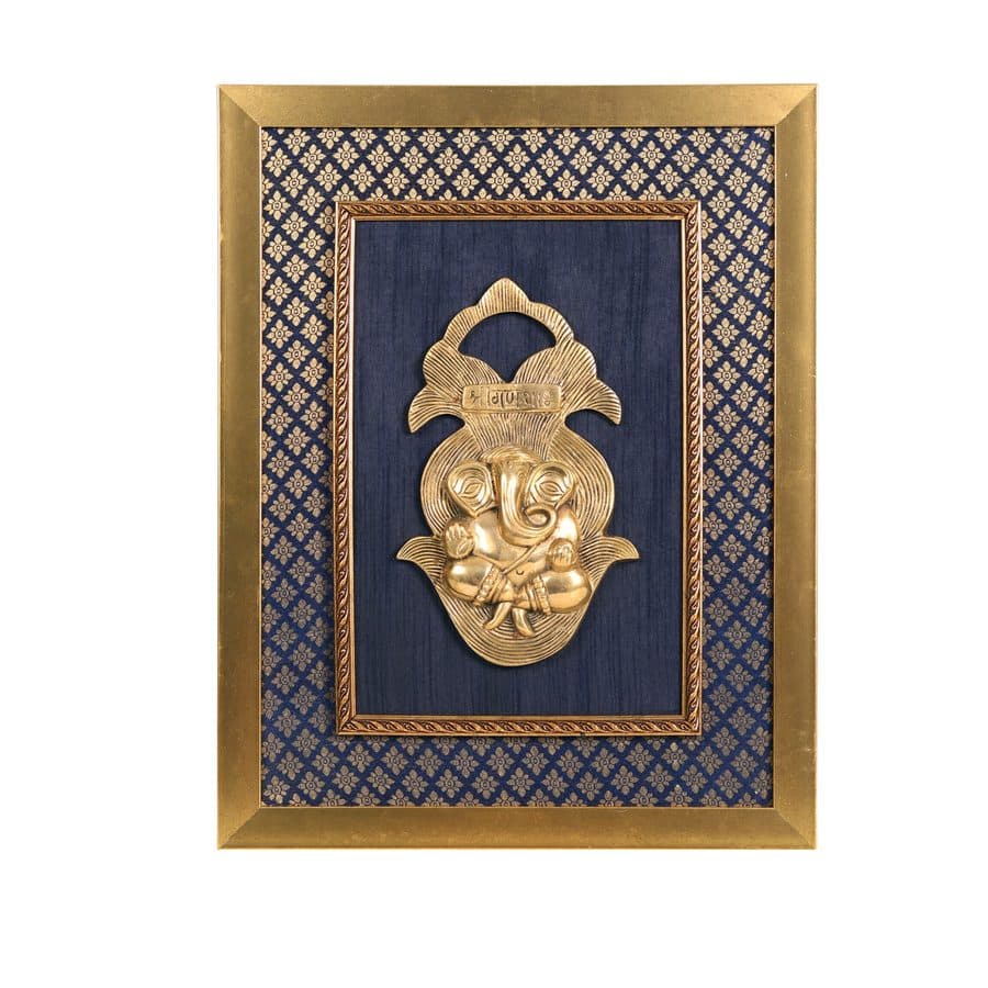 Wooden Framed Blessing Ganesha Idol In Brass | Framed