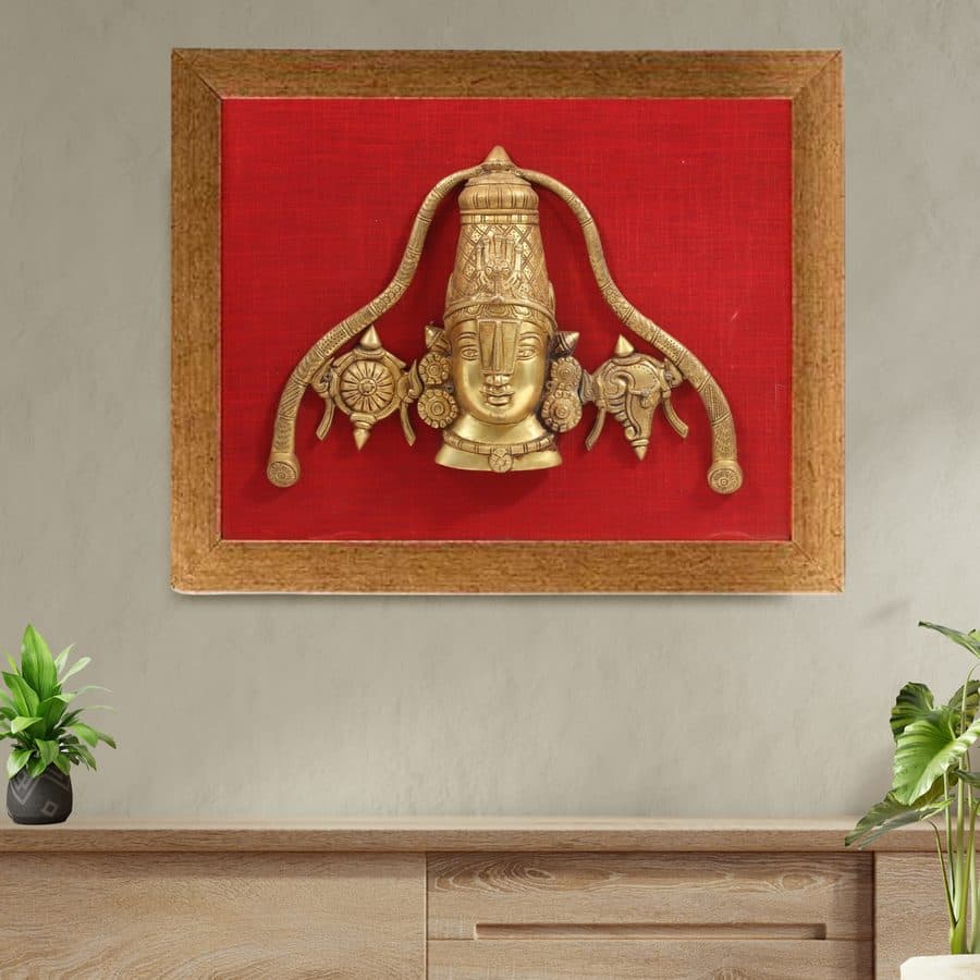 Wooden Framed Lord Balaji Idol with Shanka & Chakra | Wall Hanging