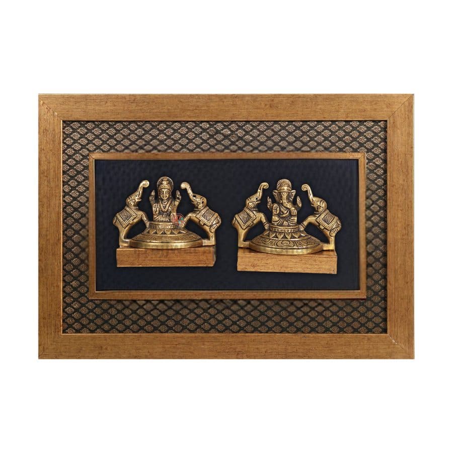 Brass Gajalakshmi and Gaja Ganesha Idol with Wooden Frame