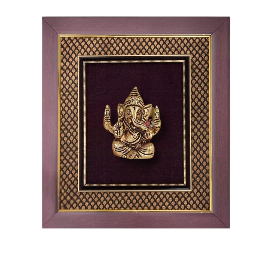 Wooden Framed Chaturbhuja Lord Ganesha in Brass | Wall Hanging