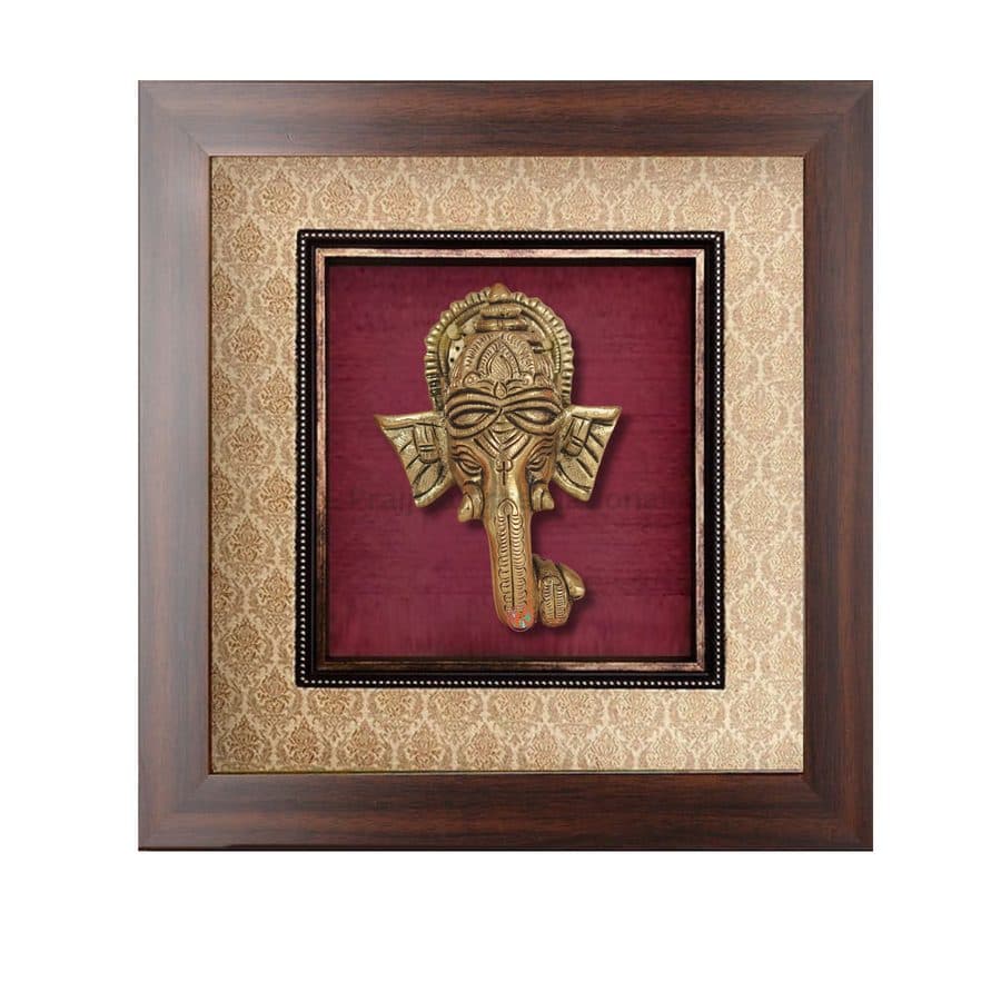Wooden Framed Lord Ganapati Face in Brass | Wall Hanging