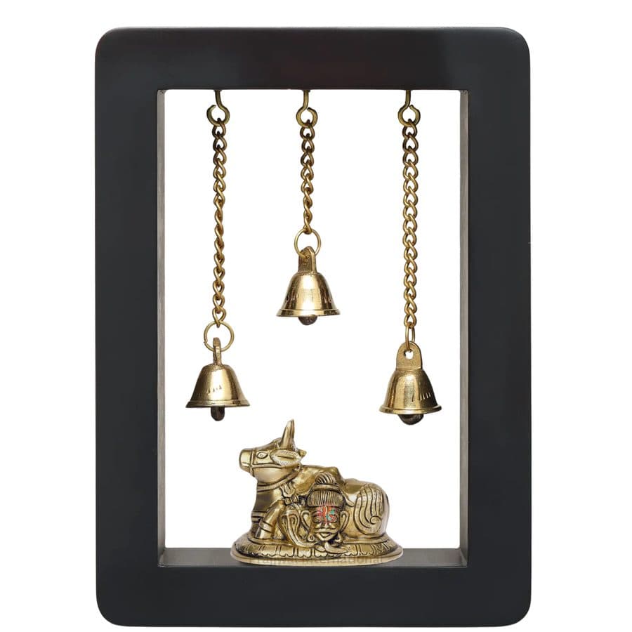 Brass Nandi with Shiva-Parvati Face Wall Hanging in Wooden Frame