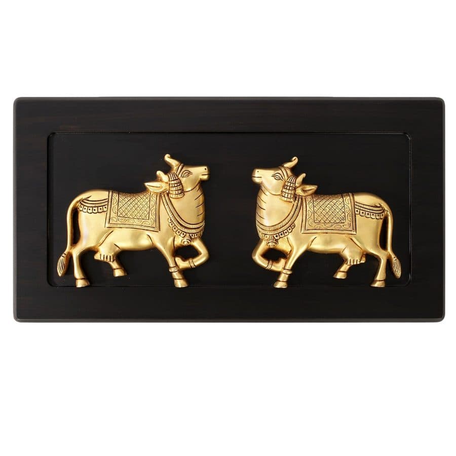 Divine Brass Nandi Pair on Wooden Frame | Sacred Wall Hanging DÃ©cor