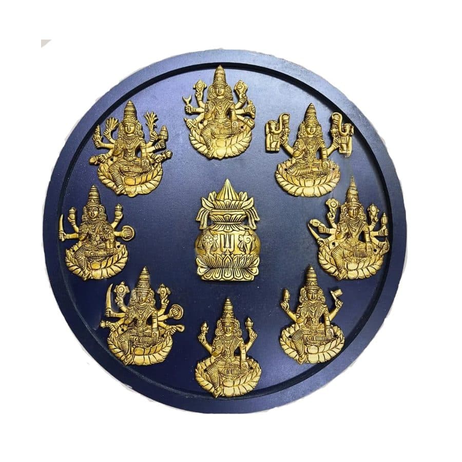 Brass Ashta Lakshmi with Bala Ji Kalash | Rounded Wooden Frame DÃ©cor
