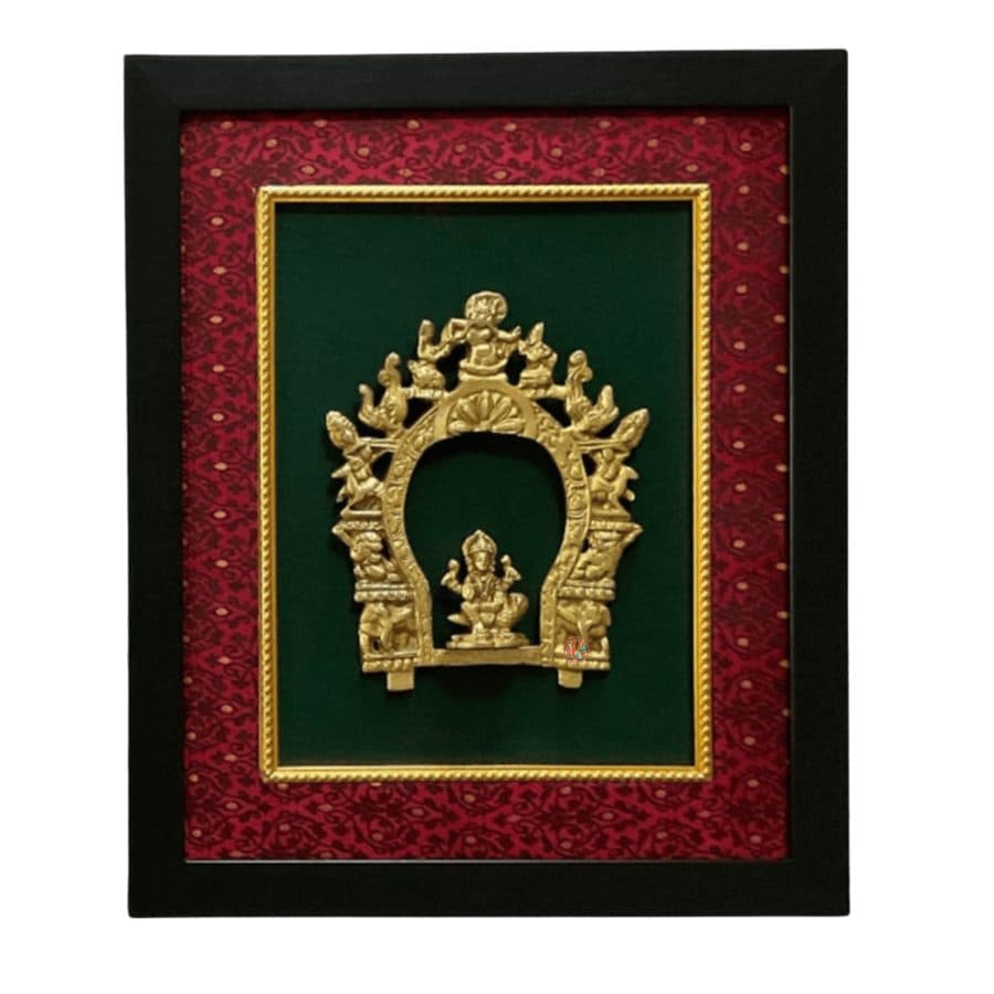 Framed Brass Prabhavali with Goddess Lakshmi | Wall Hanging DÃ©cor | 18 x 14 Inches