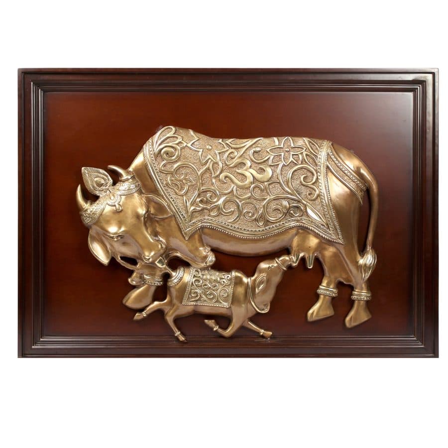 Big Kamdhenu Cow with Calf | Brass Wooden Frame Wall DÃ©cor