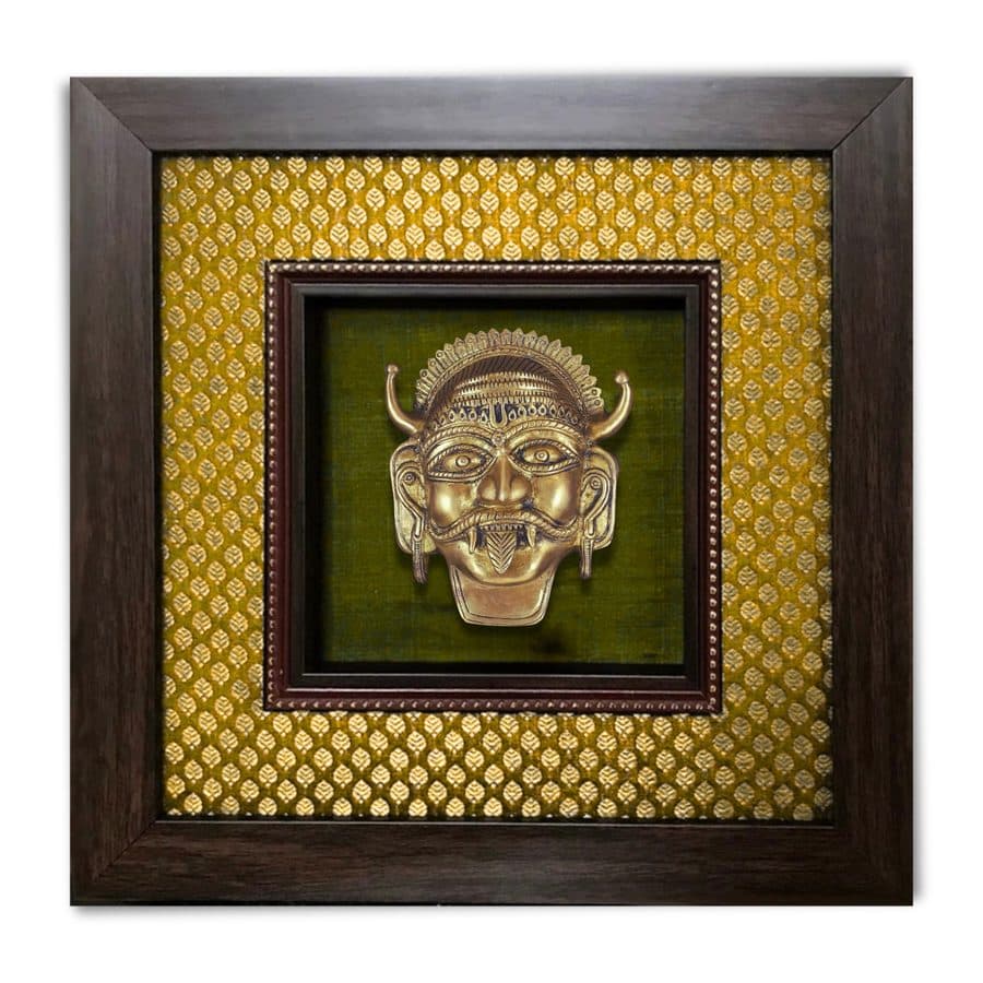 Brass Bhairava Mask Wall Hanging in 14x14 Inch Frame