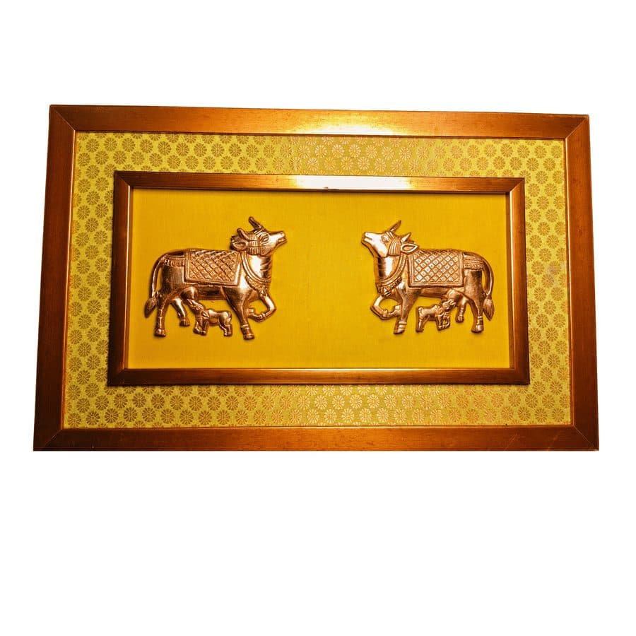 Brass Kamdhenu Cow and Calf Wall Hanging Frame â 14x16 Inch | Handcrafted Spiritual Wall Art