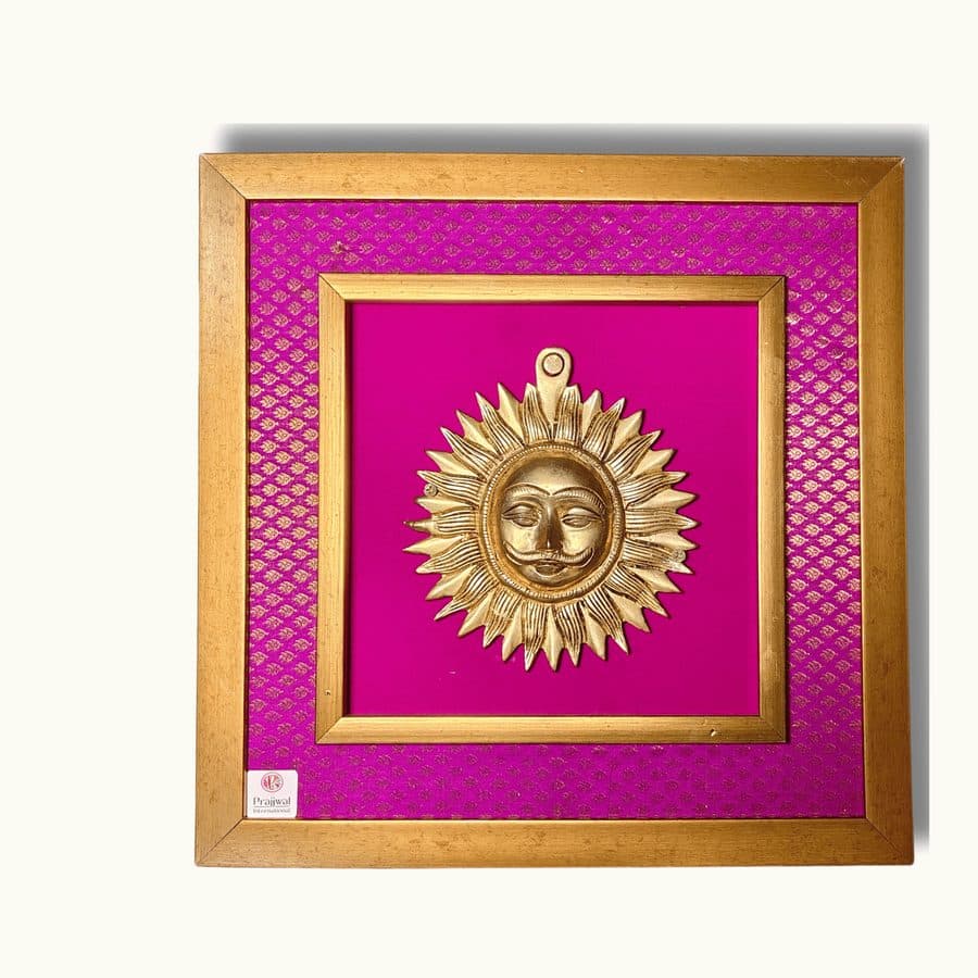 Brass Sun Wall Hanging Frame â 16x16 Inch | Handcrafted Brass Surya Idol on Wooden Frame