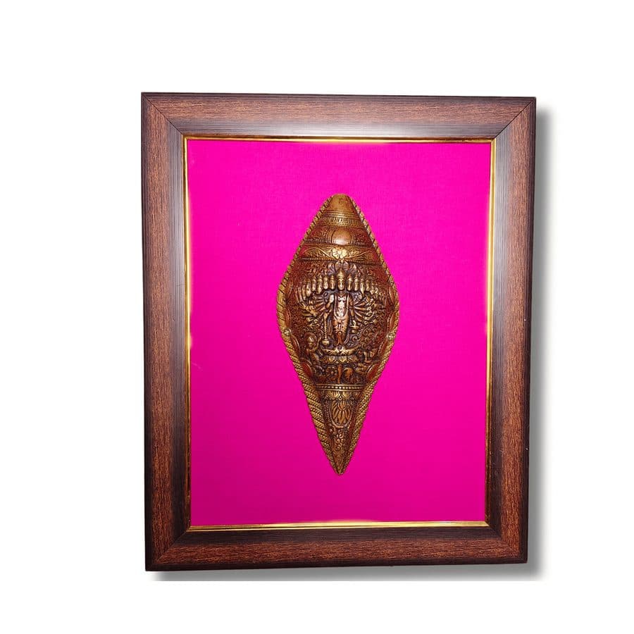 Brass Vishnu Shankh Wall Hanging Frame â 18x15 Inch | Handcrafted Brass Conch on Wooden Frame