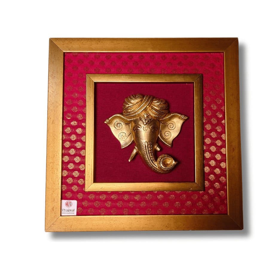 Brass Turbaned Lord Ganesha Mask Wall Hanging Frame â 14x14 Inch | Handcrafted Brass Idol on Wooden Frame
