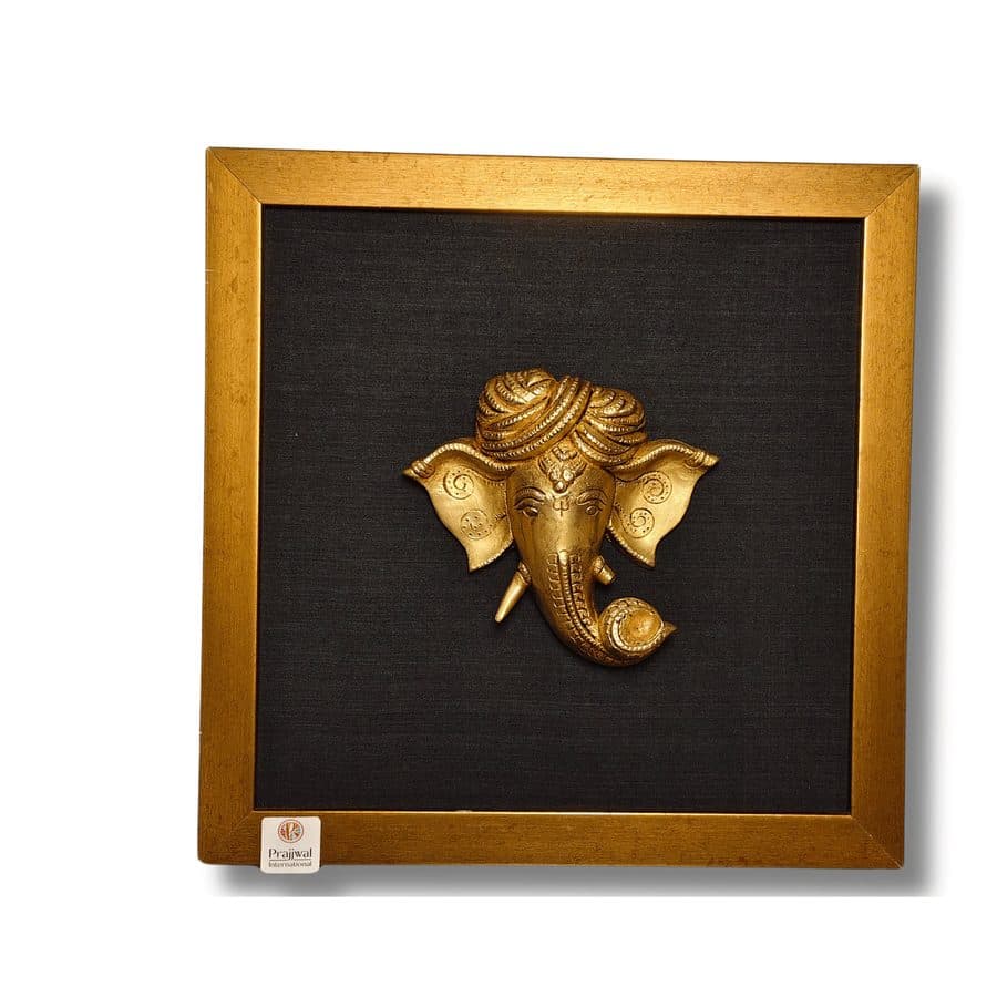 Brass Turban Ganesha Face Wall Hanging Frame â 14x14 Inch | Handcrafted Brass Idol on Wooden Frame