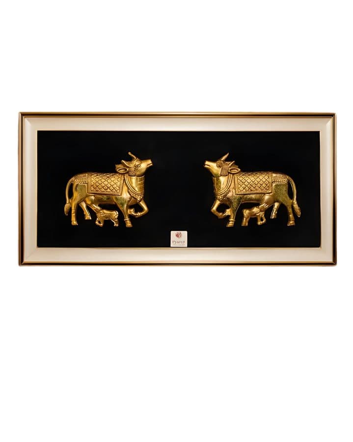Brass Kamdhenu Cow and Calf Wall Hanging Frame â 20x11 Inch | Handcrafted Brass Idol on Wooden Frame
