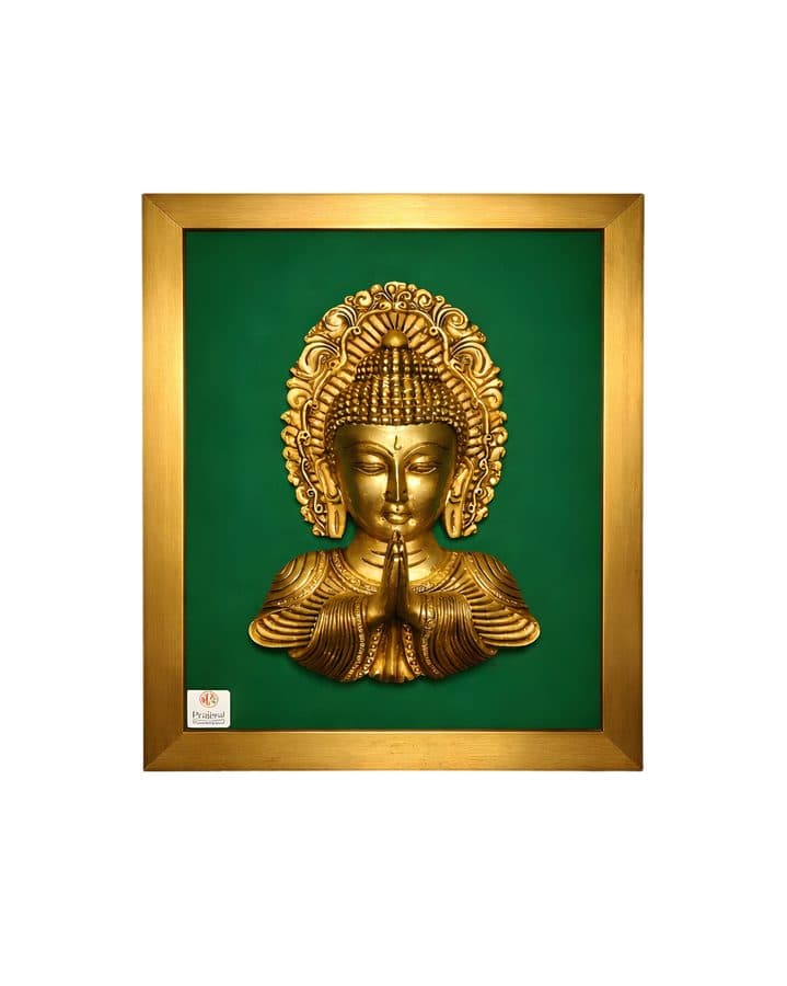 Brass Buddha Mask Wall Hanging Frame â 12x16 Inch | Handcrafted Brass Idol on Wooden Frame
