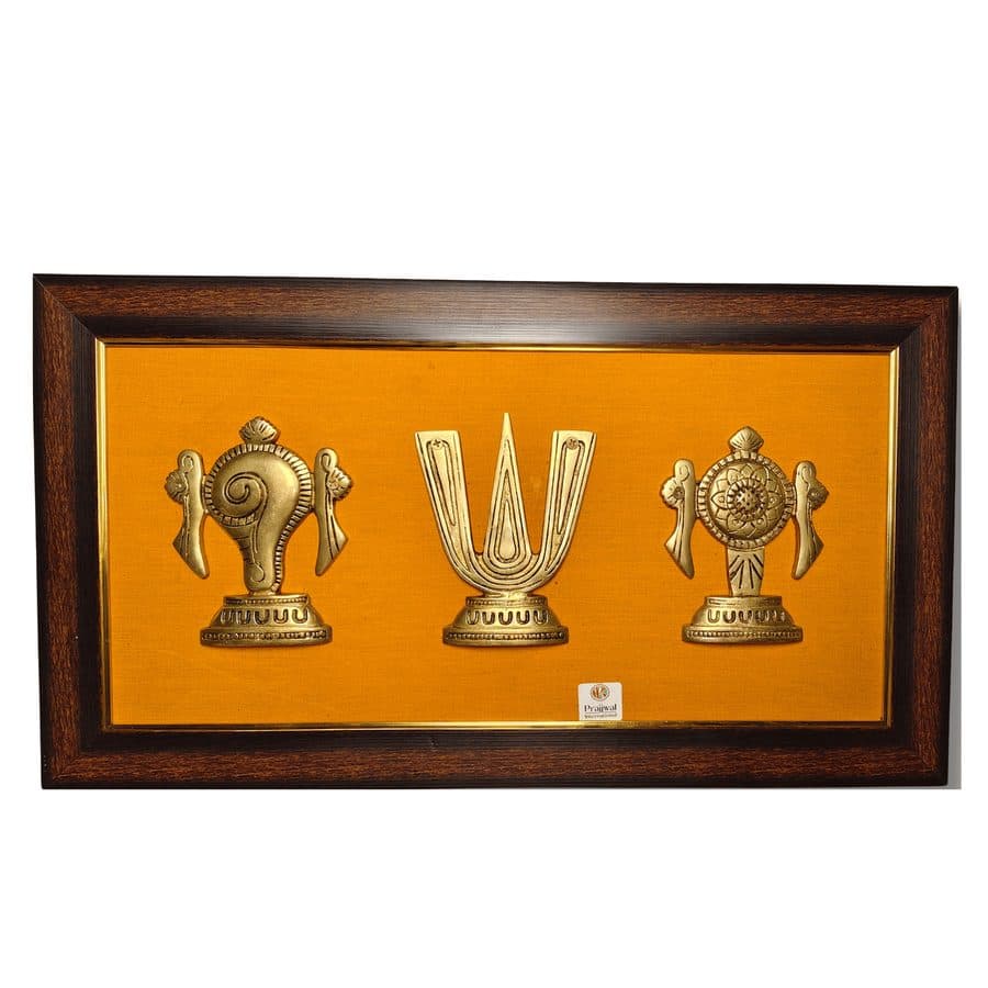 Tirupati Brass Shankh Chakra Namam Wall Hanging Frame â 12x22 Inch | Handcrafted Brass on Wooden Frame