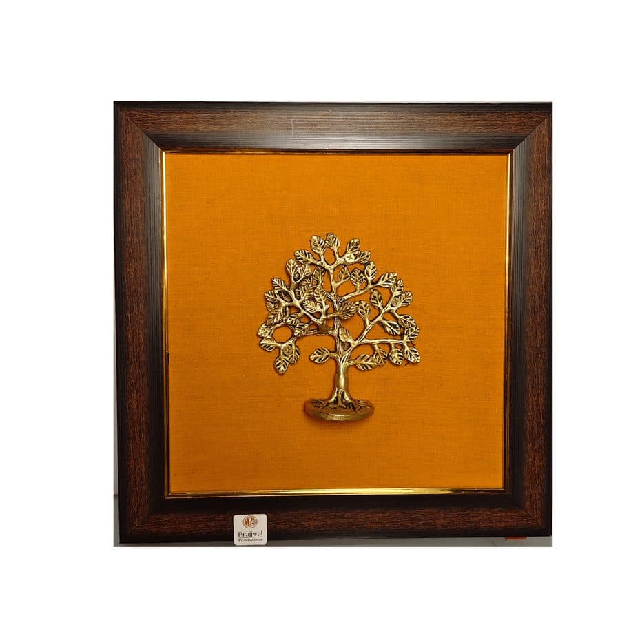 Brass Karpaga Virutcham Tree Wall Hanging Frame â 14x14 Inch | Handcrafted Brass on Wooden Frame